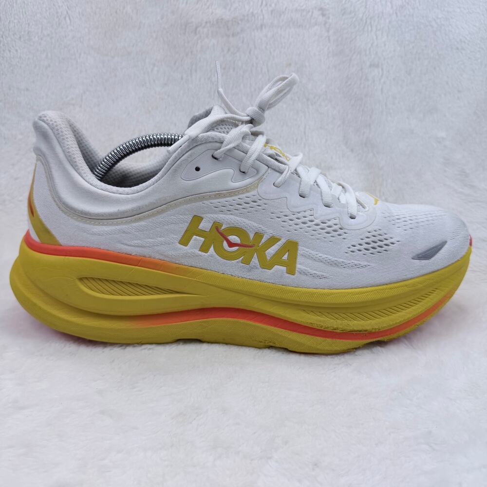 HOKA Bondi 9 Running Shoes Frost Sunflower White Yellow Orange Size 12 Cushioned